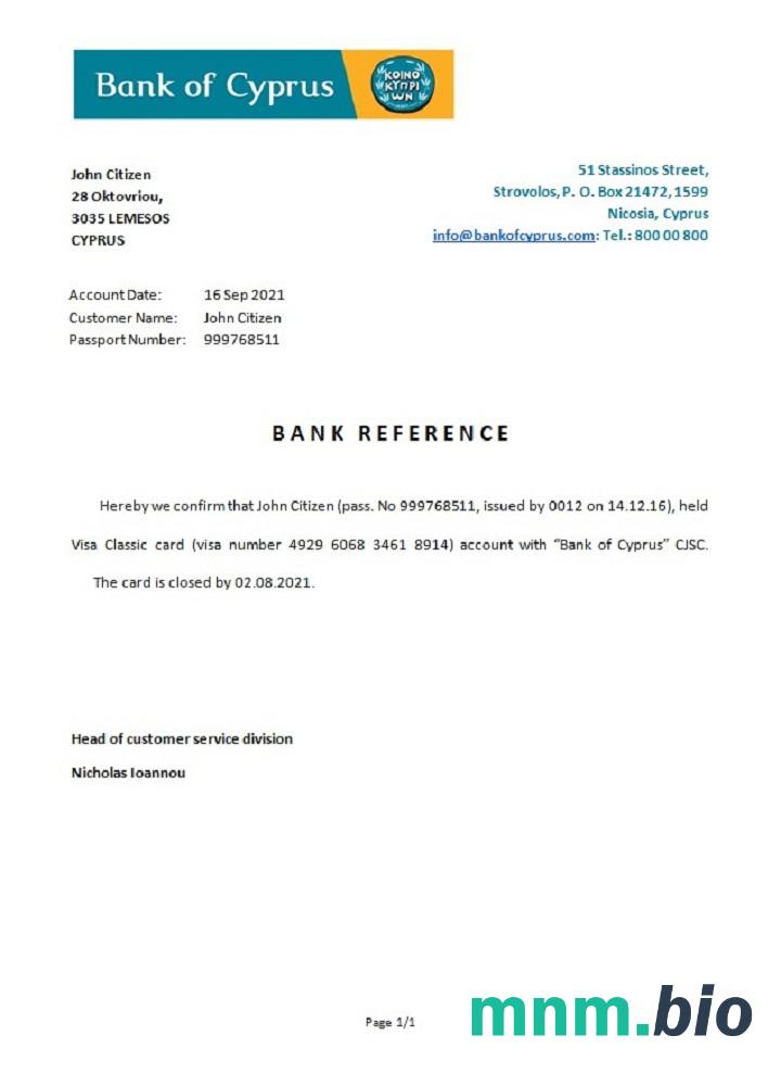 Przykład odniesienia do zamknięcia Cyprus Bank Of Cyprus w formatach Word i PDF